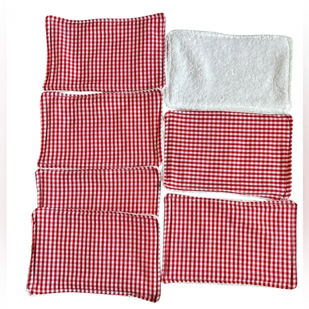 Hand Crafted Red Gingham Reusable 6 Terry Cloth Unpaper Towels 100% Cotton